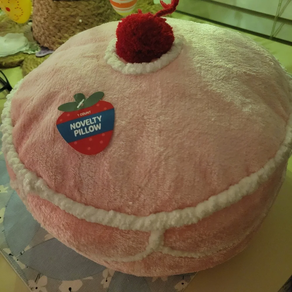 Target Bullseye Plush Pink Cake Pouf with Red Cherry Pom Top